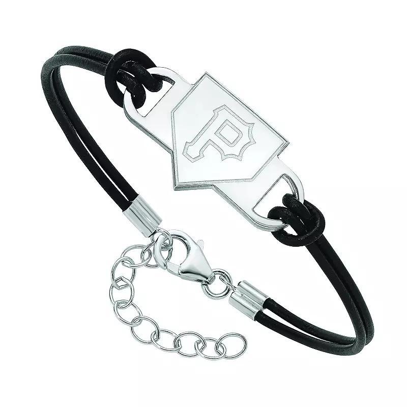 LogoArt Sterling Silver Pittsburgh Pirate Black Leather Bracelet, Womens Product Image