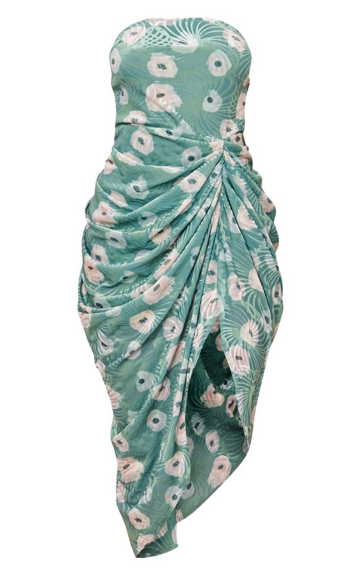 Green Floral Devore Bandeau Draped Midaxi Dress Product Image