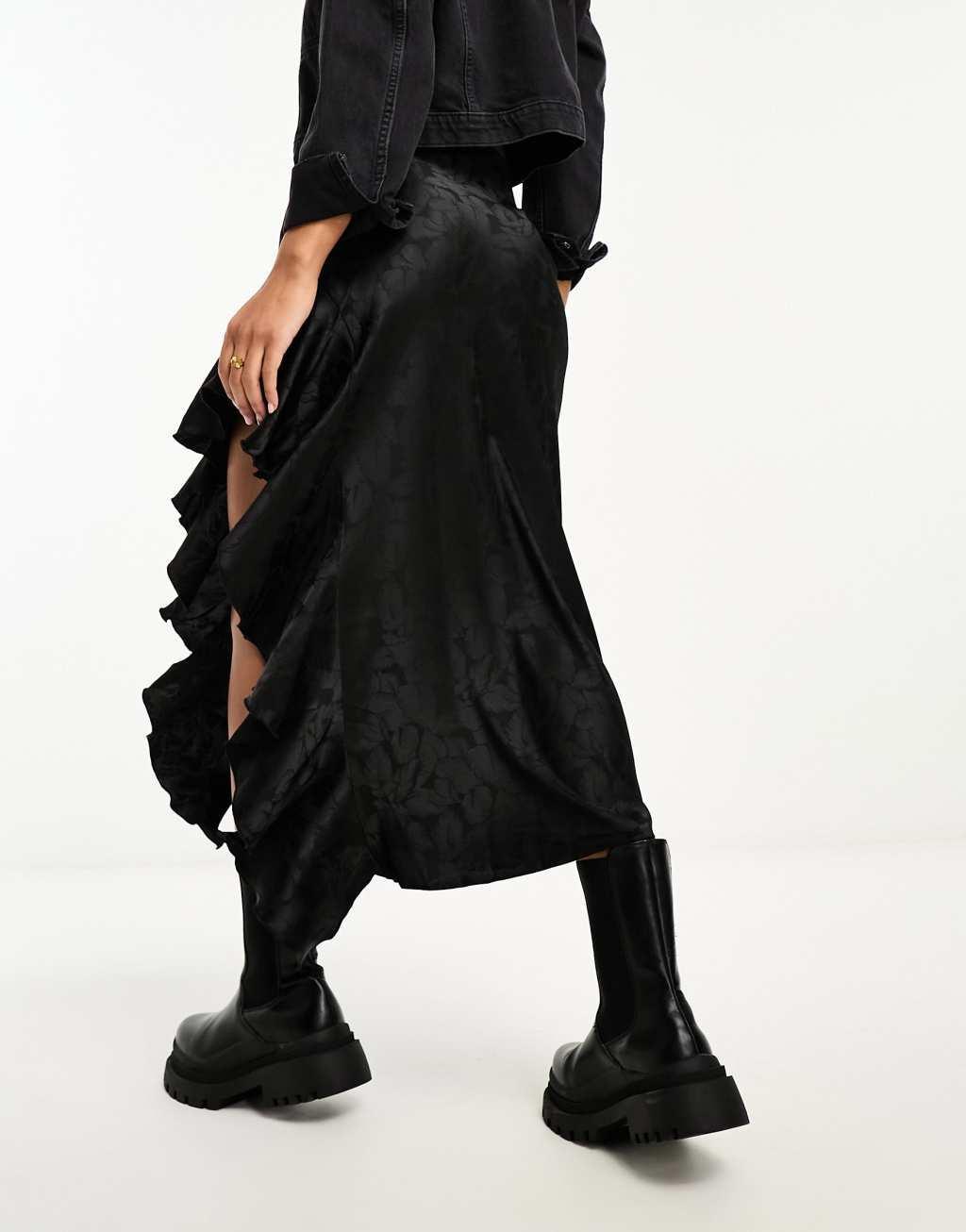 Miss Selfridge satin jacquard asymmetric ruffle maxi skirt in black Product Image