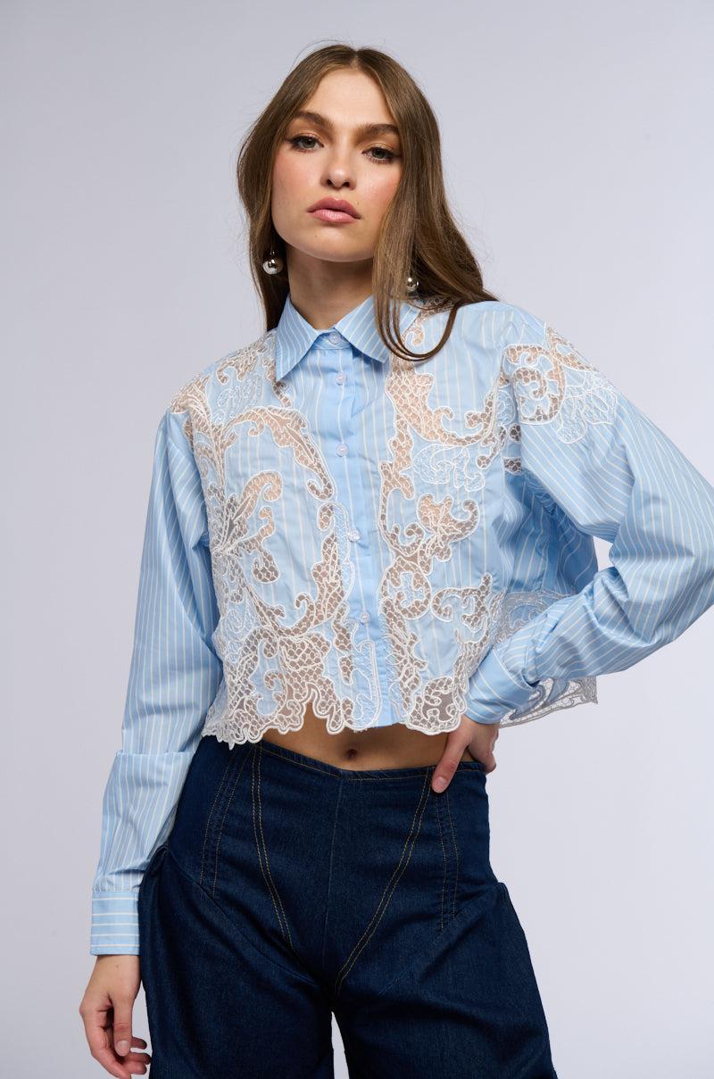 LOVE ME LIKE THAT BUTTON DOWN BLOUSE WITH LACE DETAILING Product Image