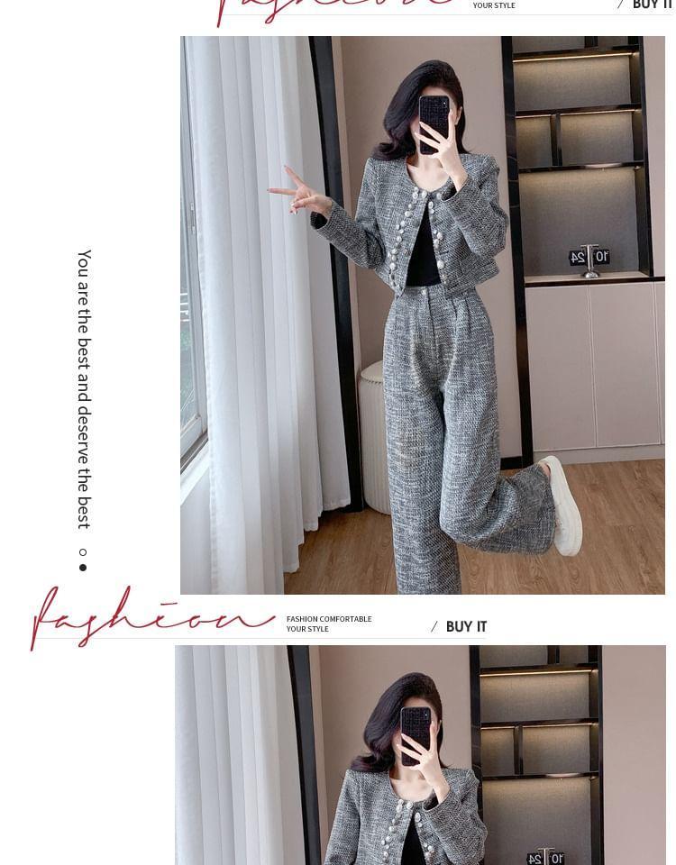 Set: Round Neck Beaded Tweed Button Jacket + High Waist Wide Leg Pants Product Image