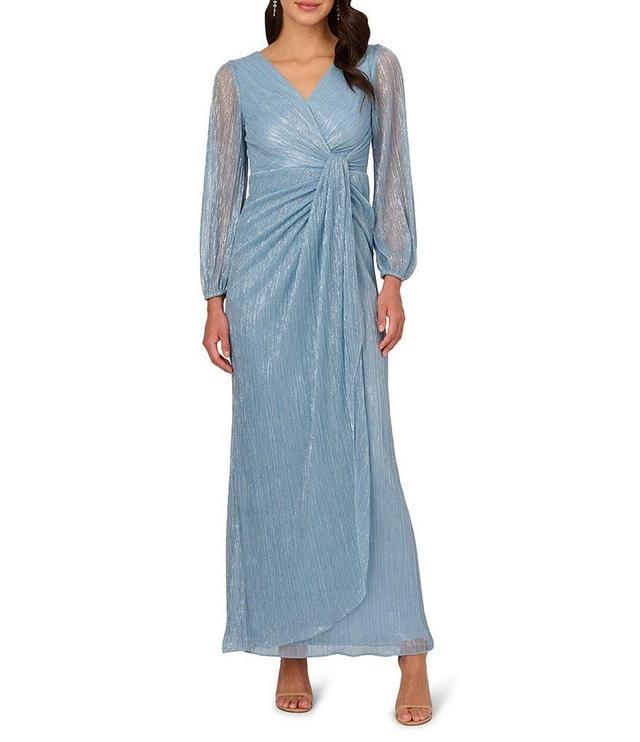 Adrianna Papell Metallic Long Sleeve Surplice V-Neck Ruched Detailed Draped Gown Product Image