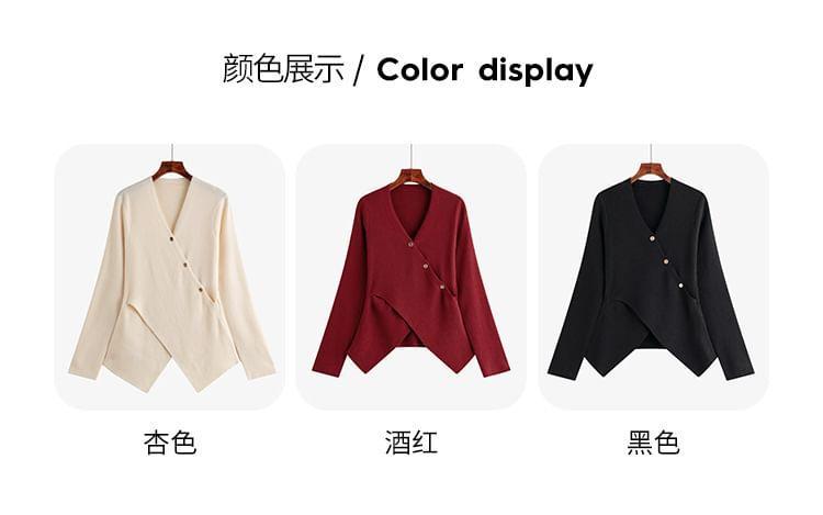 Long-Sleeve V-Neck Plain Wrap Sweater Product Image