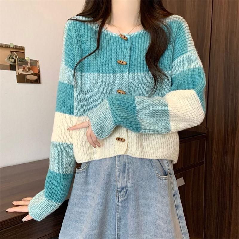 Round Neck Color Block Toggle Cardigan Product Image