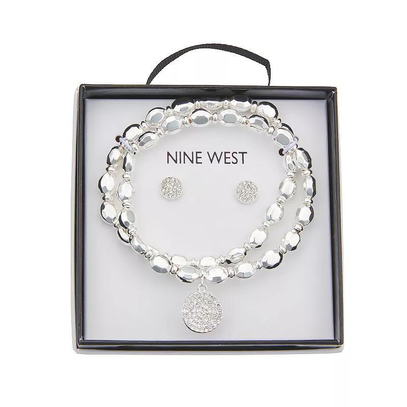 Nine West Silver Tone Pave Disc Stretch Bracelet Duo & Stud Earring Set, Womens, Clear Product Image