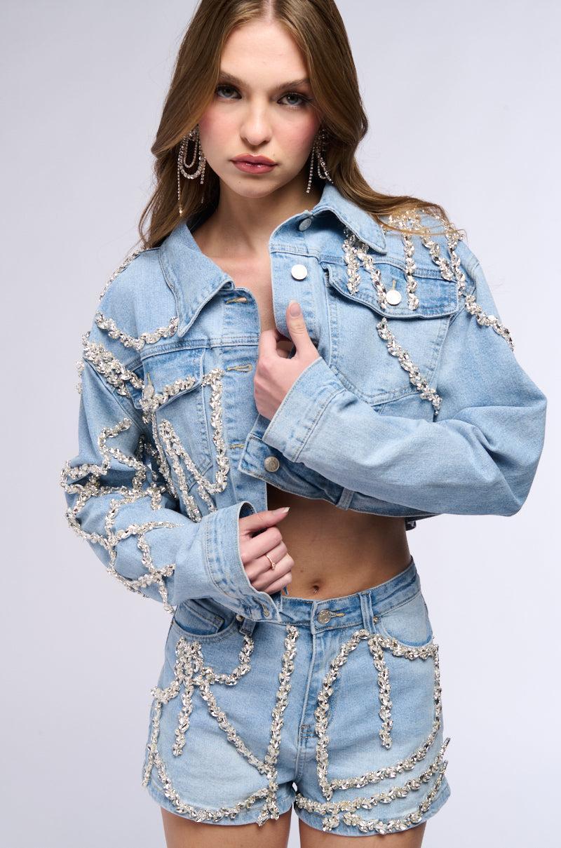 MAKE A WISH RHINESTONE EMBELLISHED DENIM JACKET Product Image