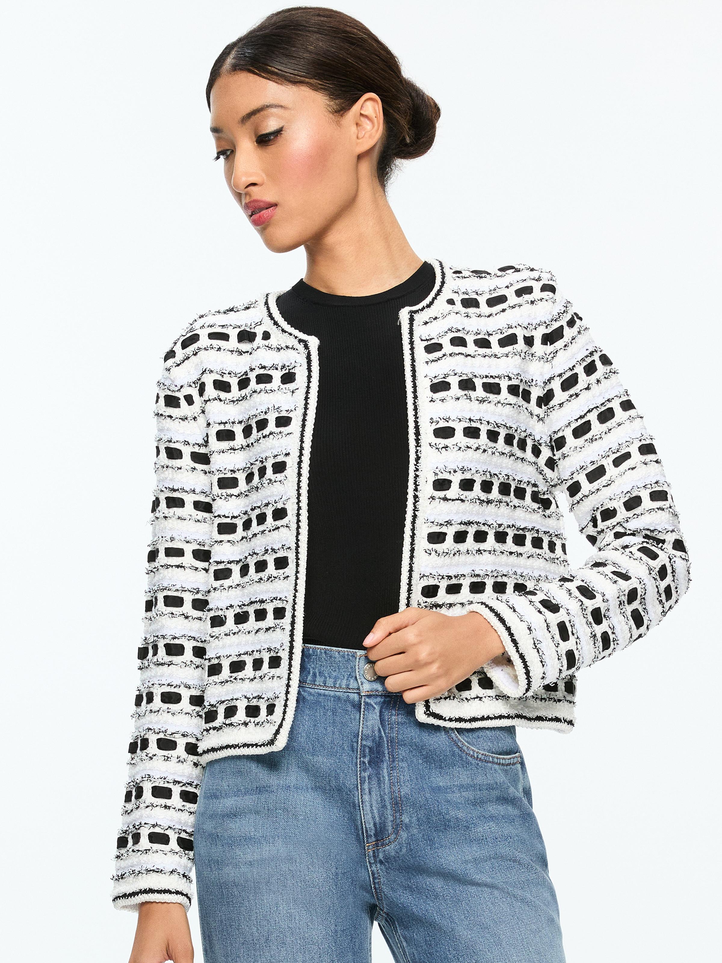 ALICE AND OLIVIA Marjorie Textured Tweed Stitch Cardigan Jacket In Soft Whiteblack Product Image