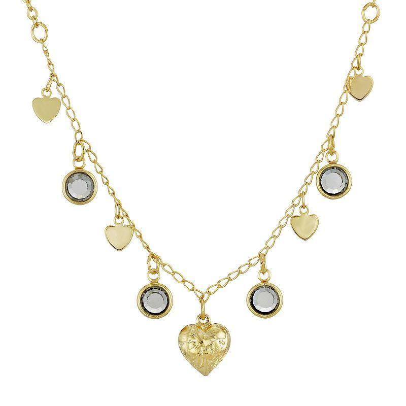 1928 Gold-Tone Black Diamond Channels With Hearts Drop Necklace, Womens, Grey Product Image