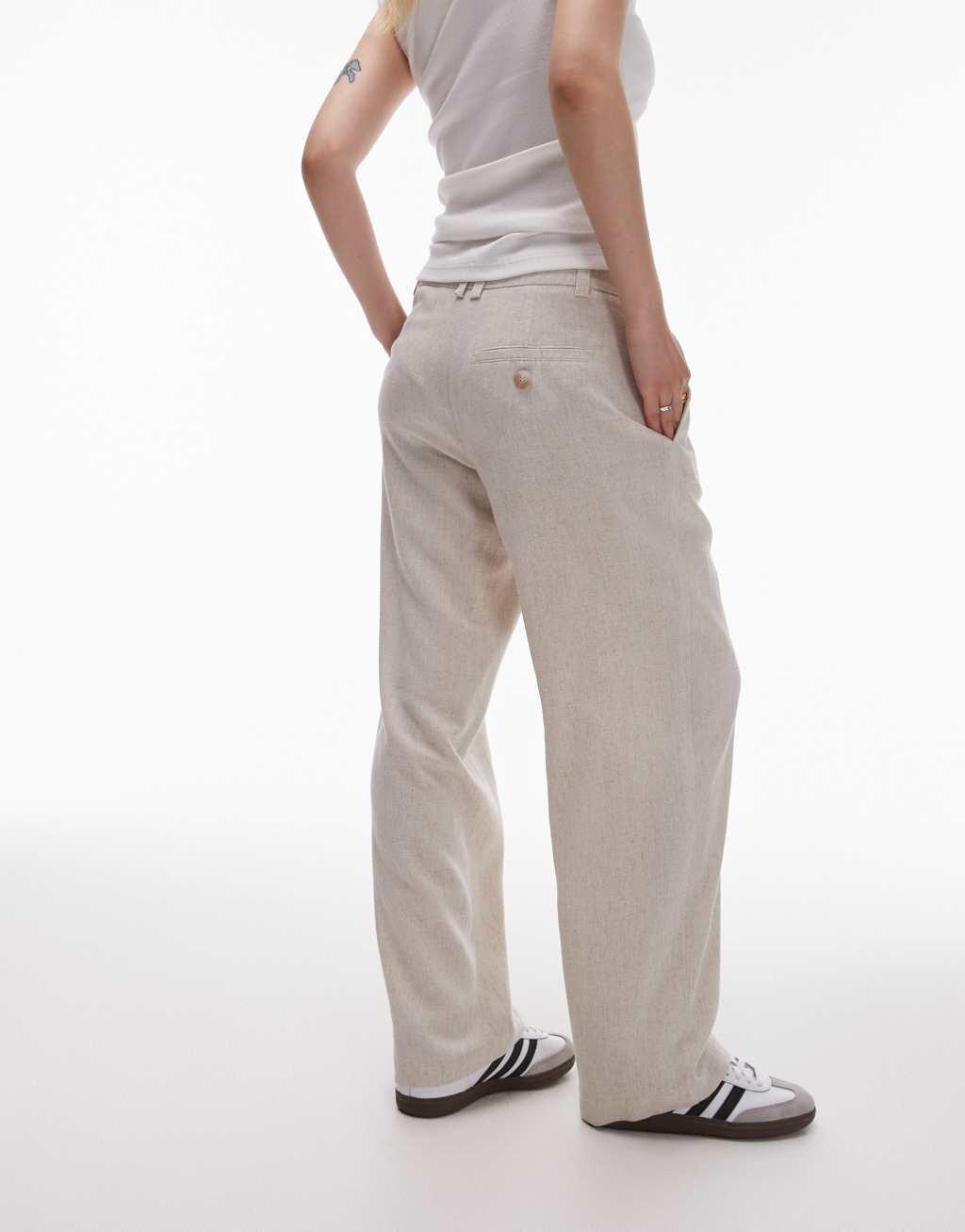 Topshop Petite low slung linen button pants in natural Product Image