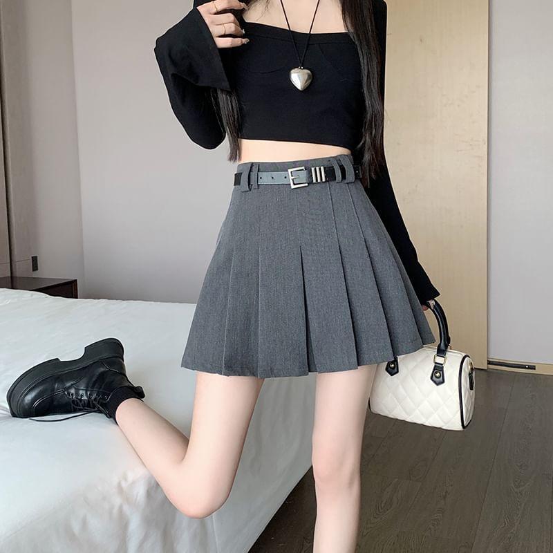 High Waist Plain Pleated Mini A-Line Skirt product image