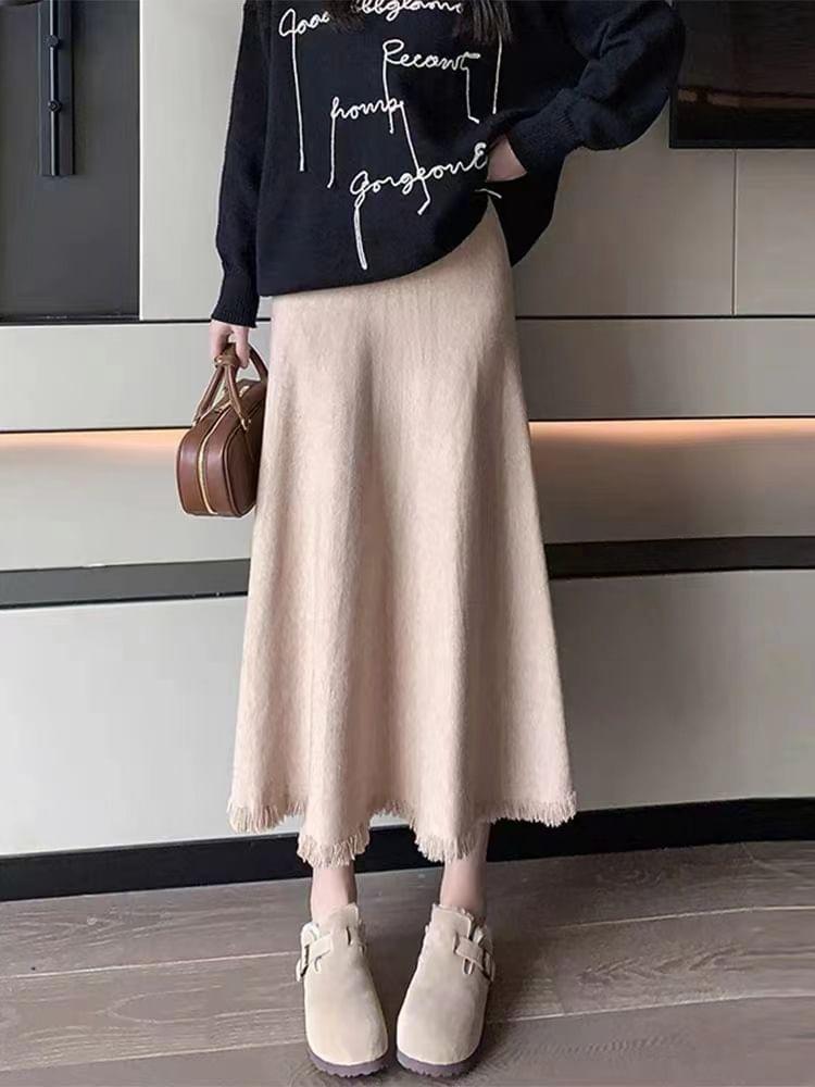 Elastic Waist Fringed Midi A-Line Knit Skirt Product Image