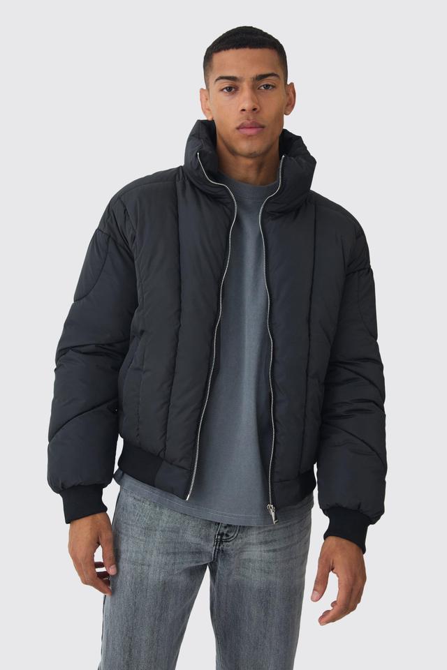 Boxy Abstract Quilted Funnel Neck Puffer In Black | boohooMAN USA Product Image