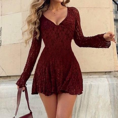 Long-Sleeve V-Neck Lace Mini A-Line Dress Product Image