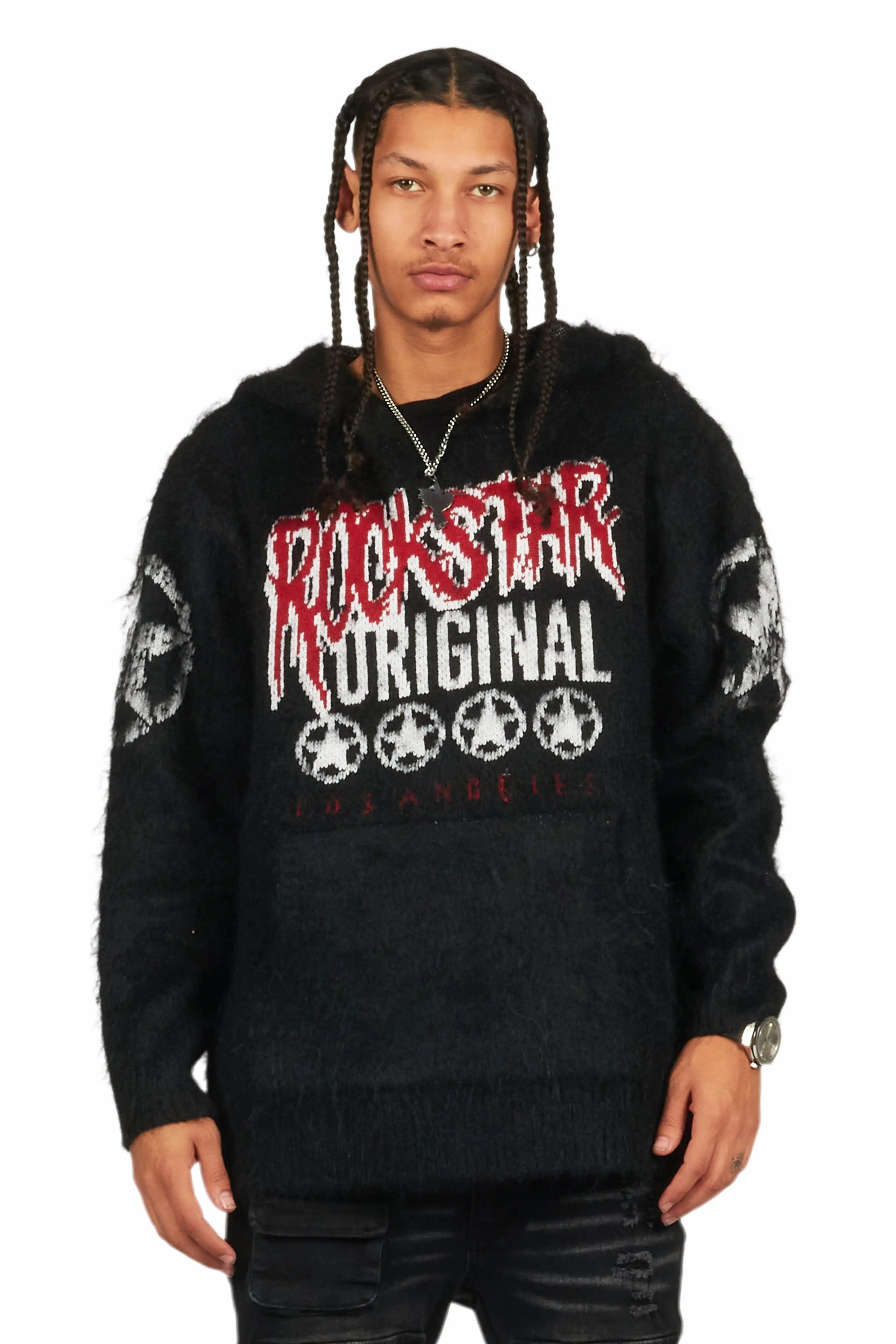 Wizzurd Black Graphic Knitted Mohair Hoodie Male Product Image