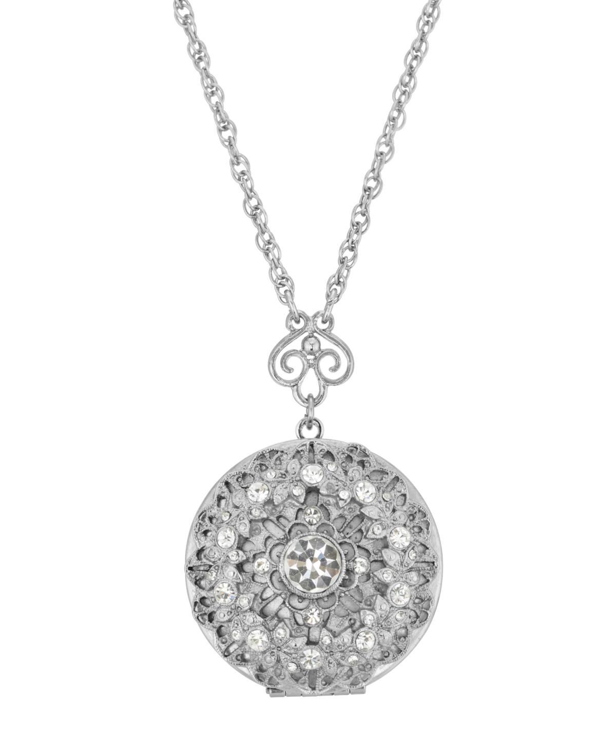 1928 Silver Tone Round Simulated Crystal Locket Necklace, Womens Product Image