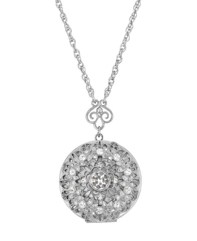 1928 Silver Tone Round Simulated Crystal Locket Necklace, Womens, Clear Product Image