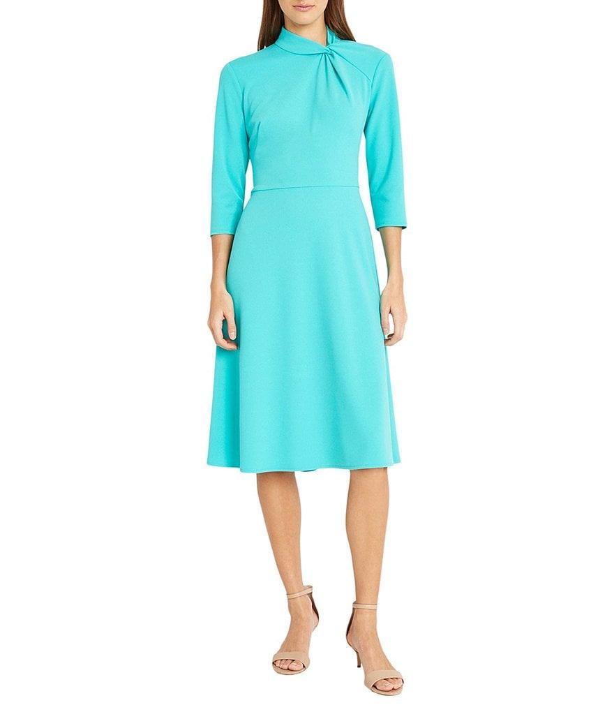 Donna Morgan Twisted Mock Neck Stretch Crepe A-Line 3/4 Sleeve Dress Product Image