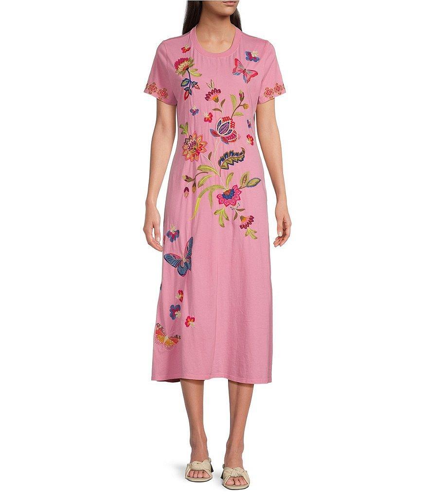 JOHNNY WAS Gracey Knit Embroidered Placement Floral Motif Short Sleeve A-Line Midi Dress Product Image