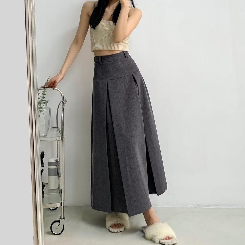 High Waist Plain Pleated Maxi A-Line Skirt Product Image