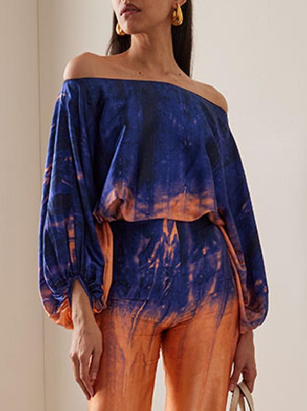 Loose Puff Sleeves Elasticity Gradient Tie-Dyed Off-The-Shoulder Shirts Tops Product Image