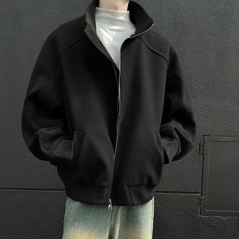 Stand Collar Plain Oversized Zip Up Jacket Product Image