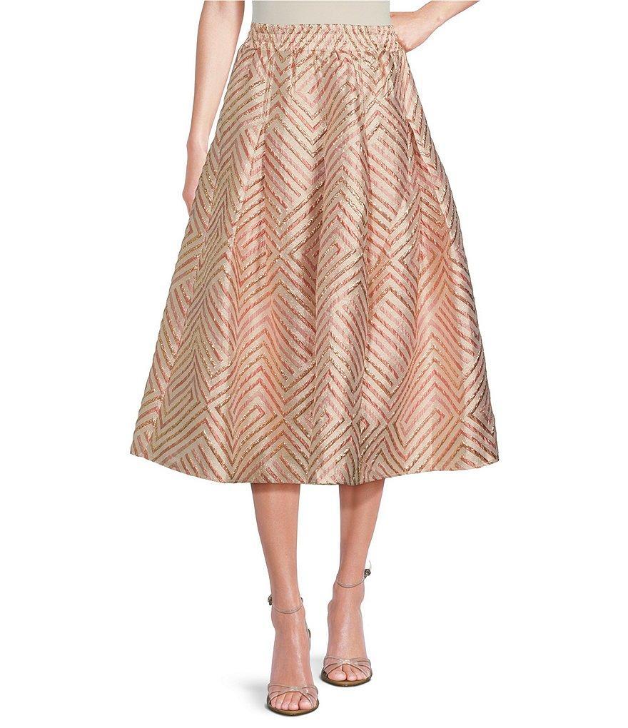 Buru Party Brocade Woven Shimmer High-Rise Pull-On Pocketed A-Line Coordinating Midi Skirt Product Image