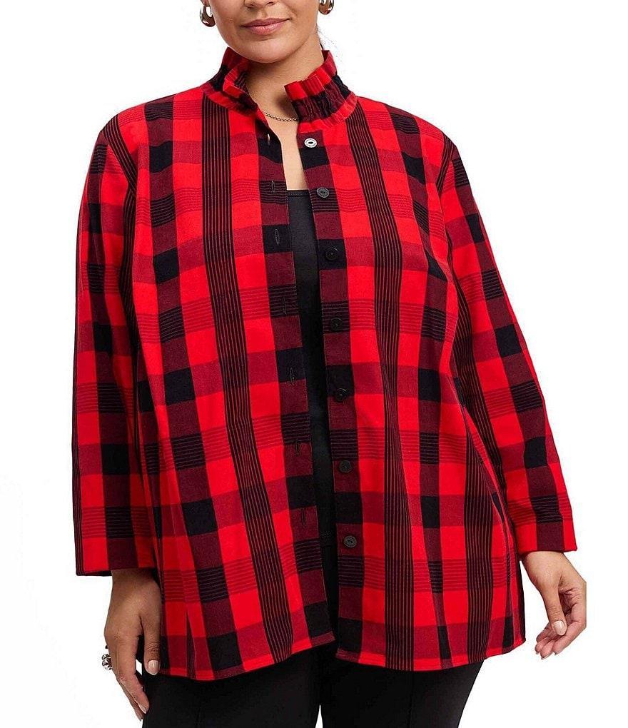 Foxcroft Plus Size Carolina Buffalo Plaid Corduroy Stand Neck Long Sleeve Shirt Jacket Product Image