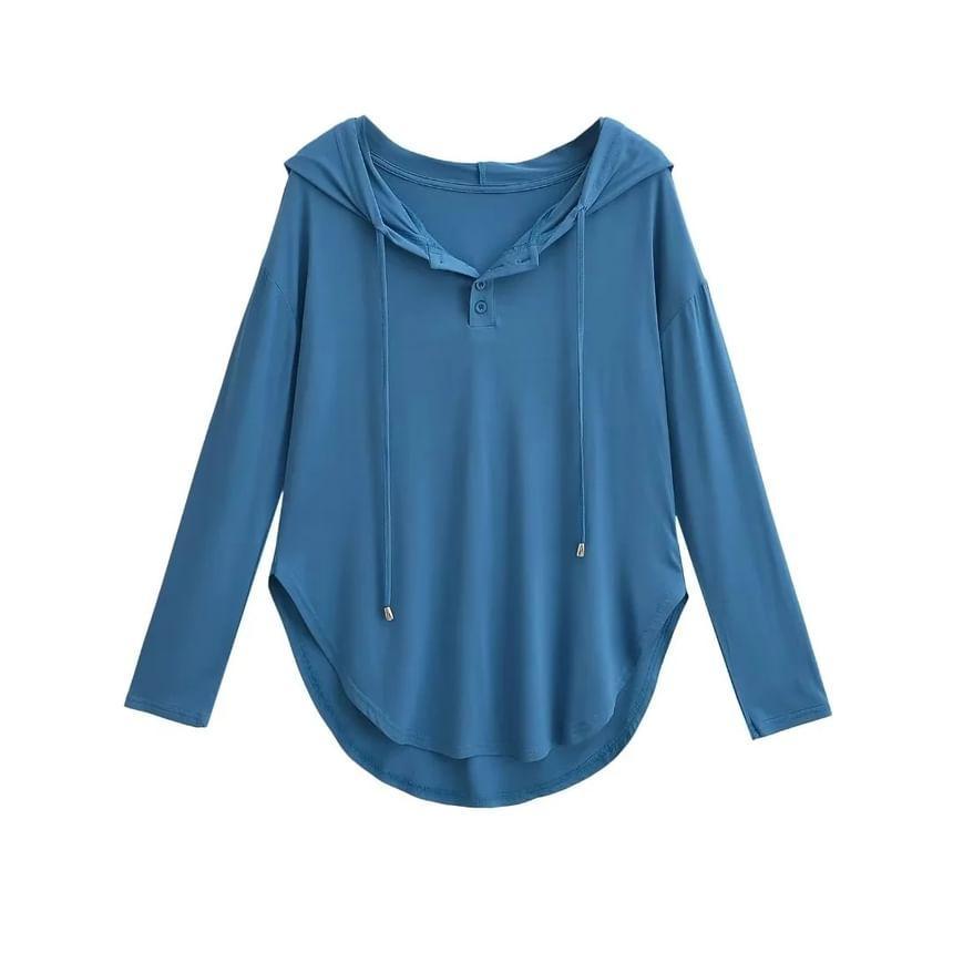 Long Sleeve Henley Plain Hooded T-Shirt Product Image