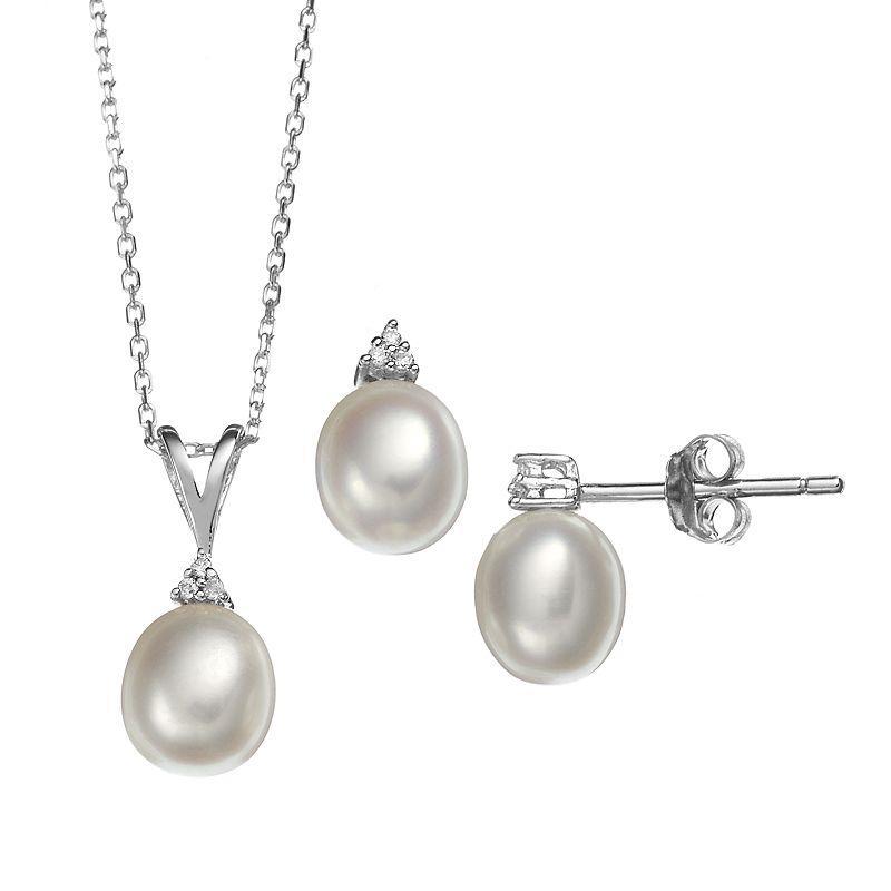 Freshwater Cultured Pearl & Cubic Zirconia Sterling Silver Pendant Necklace & Drop Earring Set, Womens White Product Image