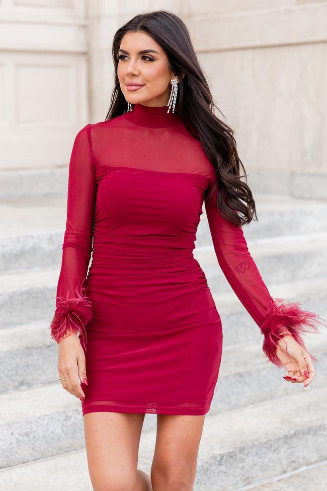 Ready Or Not Wine Mesh Long Sleeve Fur Trim Mini Dress FINAL SALE Product Image