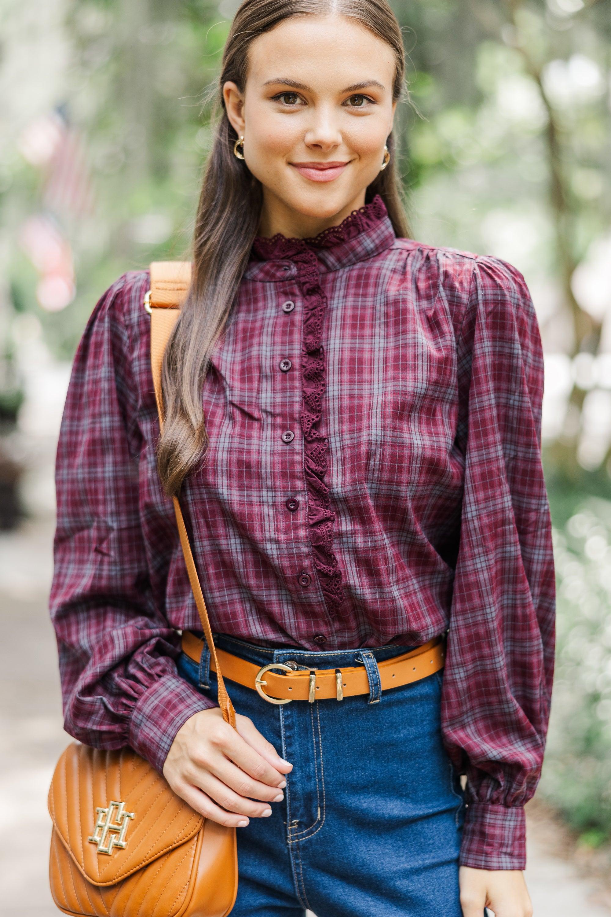 Leave It All Behind Wine Red Plaid Blouse Female product image