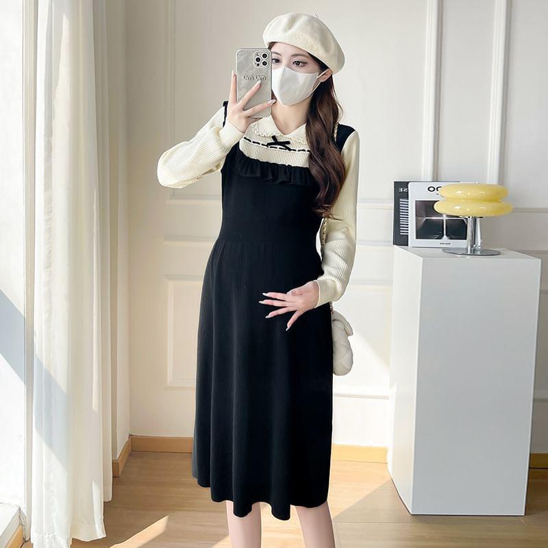 Maternity Long Sleeve Collared Two Tone A-Line Midi Dress Product Image