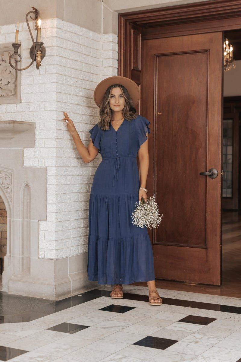 Celine Crochet Lace Tiered Boho Midi Dress - Navy Product Image