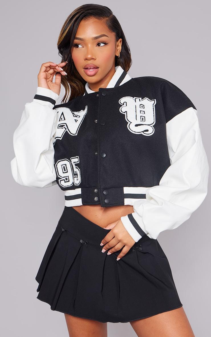 Black Contrast Faux Leather Sleeve Graphic Bomber Jacket Product Image