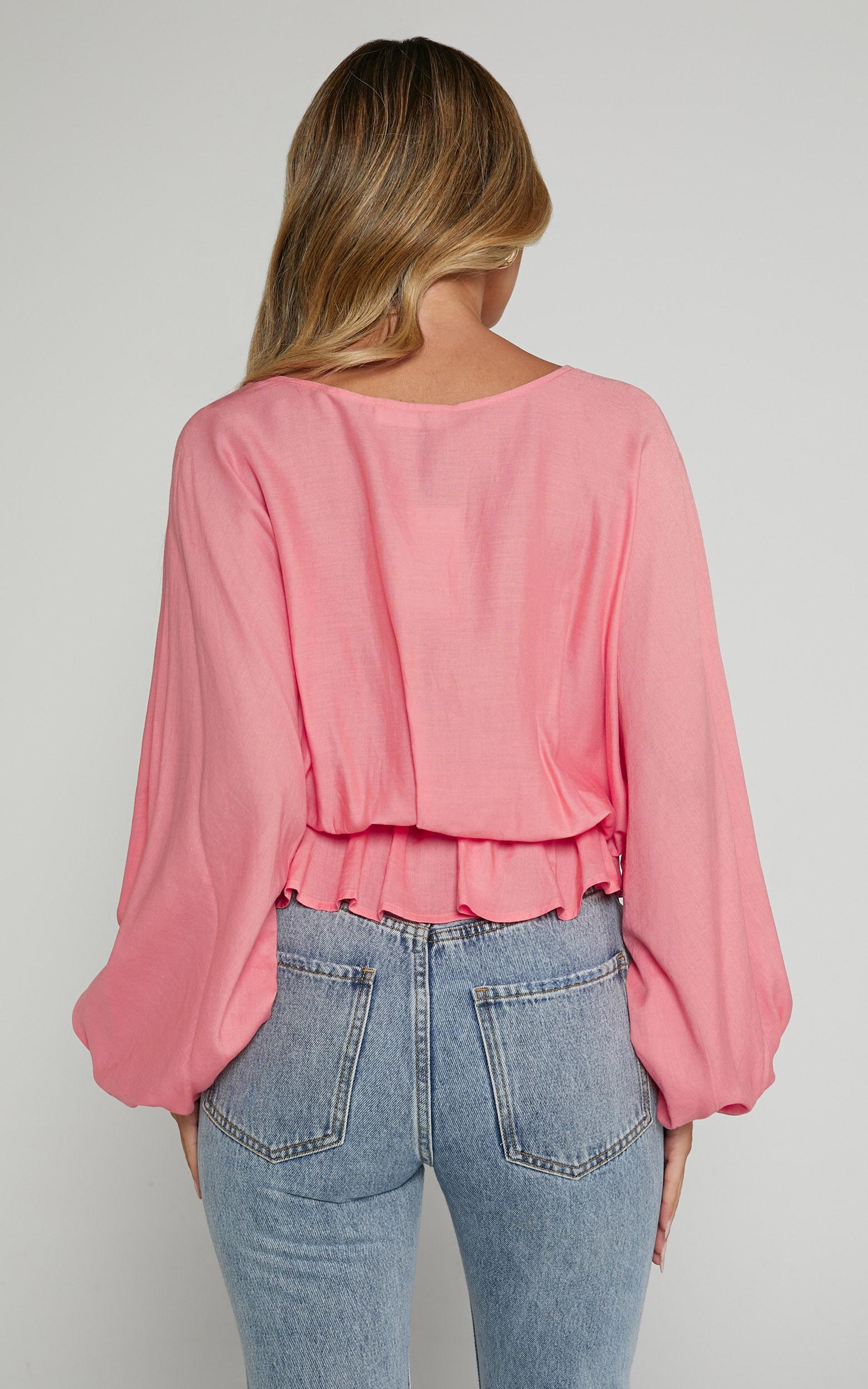 Selena Top - Linen Look V Neck Wrap Long Blouson Sleeve in Peach Product Image