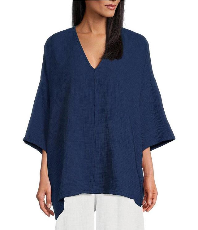 Bryn Walker Bax Woven Cotton Gauze V-Neck Elbow Sleeve Dropped Shoulder Shark Bite Hem Coordinating Top Product Image