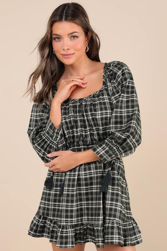 Autumn Perfection Green Plaid Mini Dress With Pockets Product Image