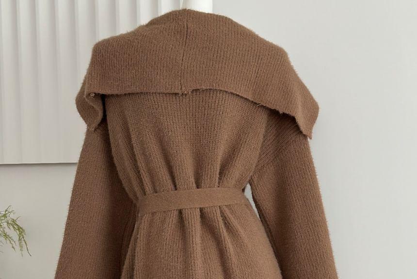 Lapel Collar Sashed Plain Knit Coat Product Image