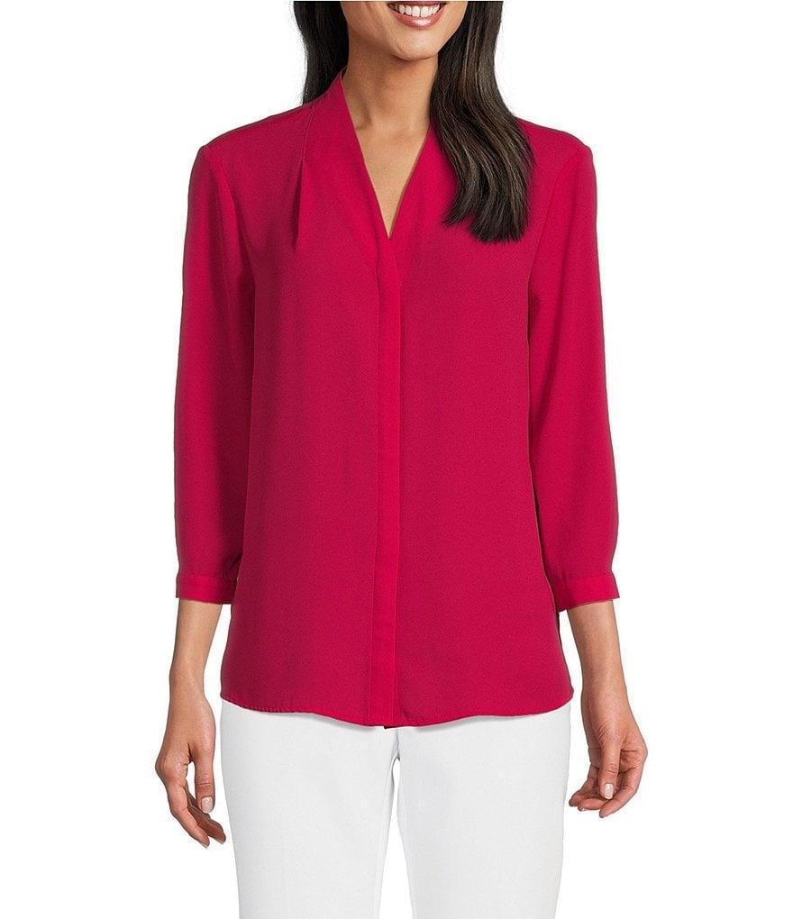 Investments Petite Size Caroline Signature V-Neck 3/4 Sleeve Button Front Top Product Image