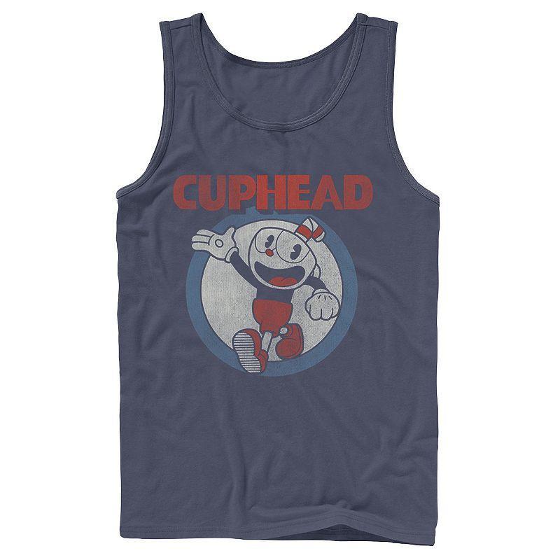 Mens Cuphead Waving Circle Portrait Vintage Tank Top Blue Product Image