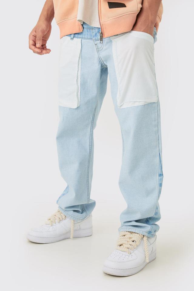 Relaxed Rigid Double Waistband Reverse Cut & Sew Denim Jean | boohooMAN USA Product Image