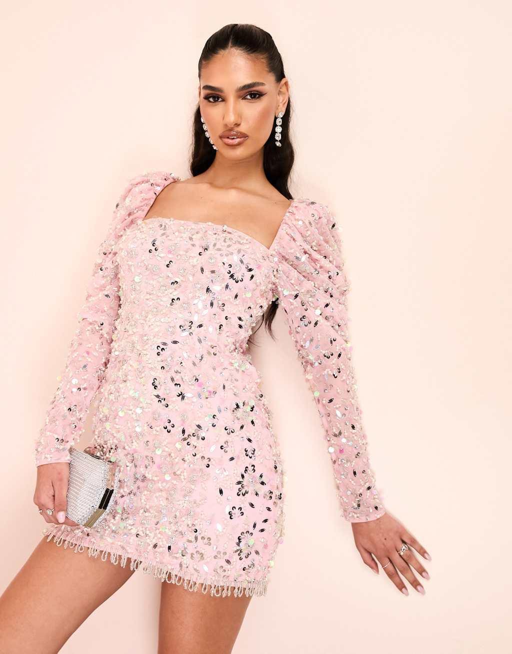 ASOS LUXE puff sleeve sequin embellished long sleeve mini dress in pink Product Image