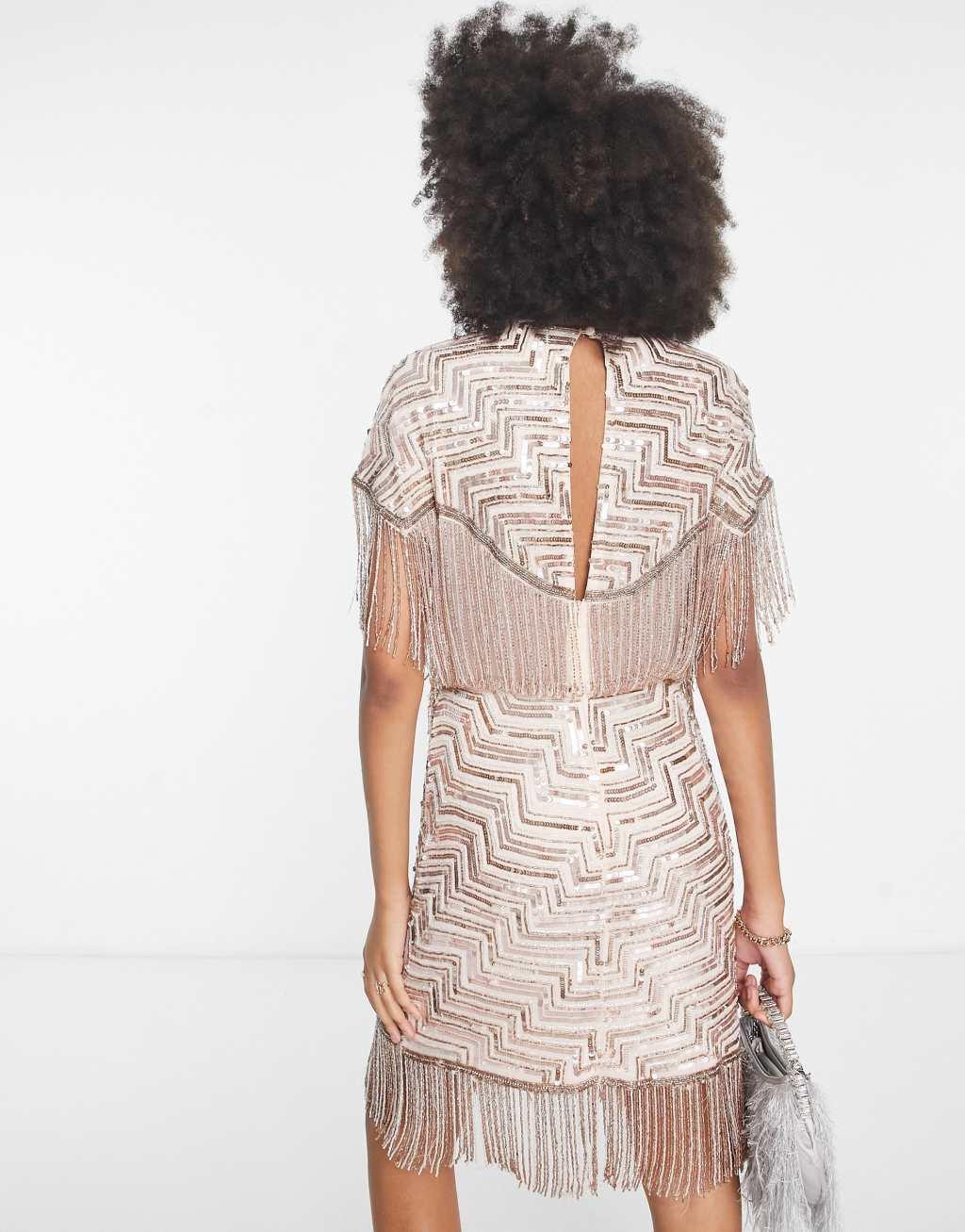 ASOS DESIGN embellished shift mini dress with beaded fringe in blush  Product Image