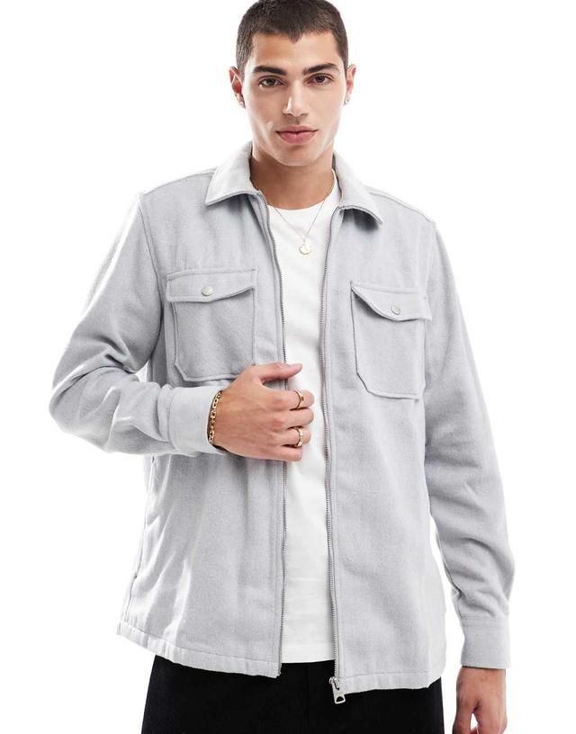 ONLY & SONS zip through overshirt in light gray   Product Image