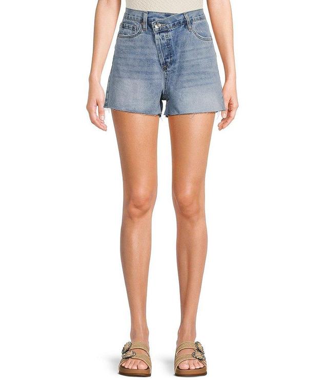 YMI Jeanswear High Rise Asymmetrical Frayed Hem Denim Shorts Product Image