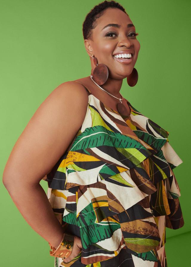 Plus Size Tiered Leaf Print Cotton Top Ashley Stewart Product Image