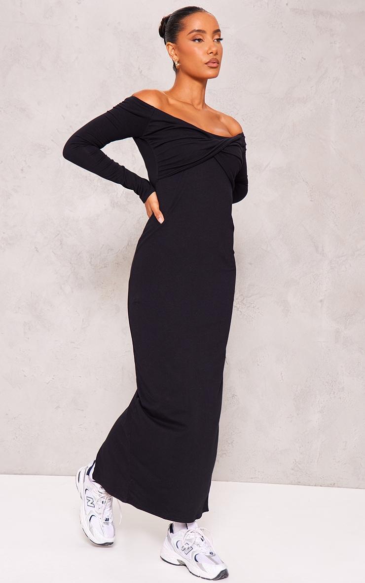  Black Cotton Twist Detail Bardot Midaxi Dress Product Image