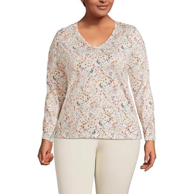 Plus Size Lands End Relaxed-Fit Supima Cotton V-Neck Tee, Womens Deep Blue Flowers Product Image