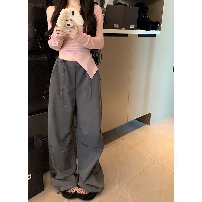 High Rise Plain Wide Leg Cargo Pants Product Image