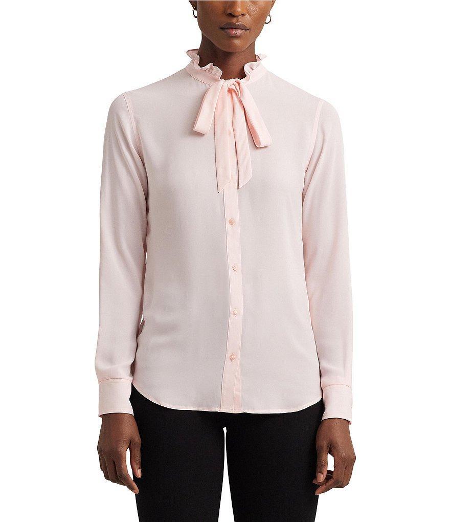 Lauren Ralph Lauren Nerlacey Ruffle Bow Neck Long Sleeve Button Front Blouse Product Image